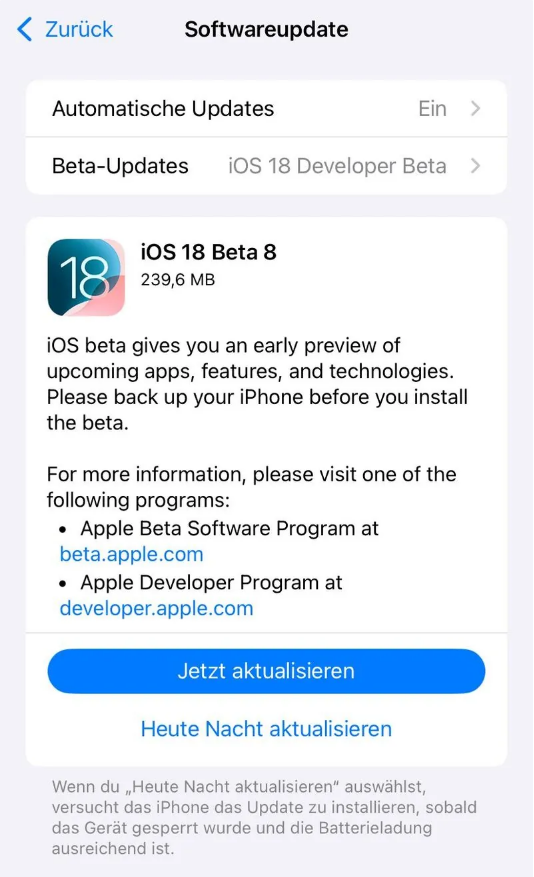 井研苹果手机维修分享苹果 iOS / iPadOS 18 开发者预览版 Beta 8 发布 